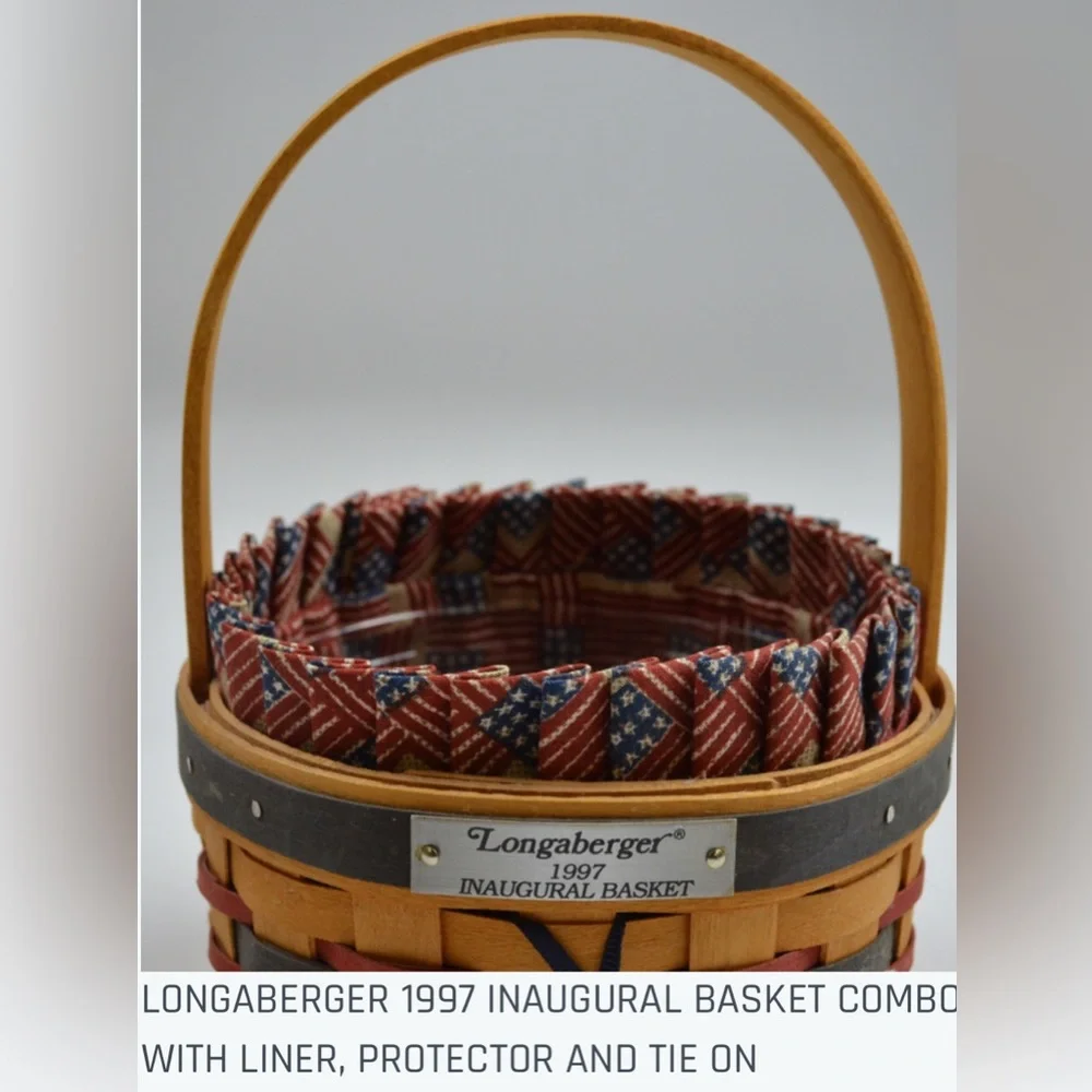 RARE 1997 yr Longaberger Inaugural Basket, Patriotic Liner, Protector & Tie-On